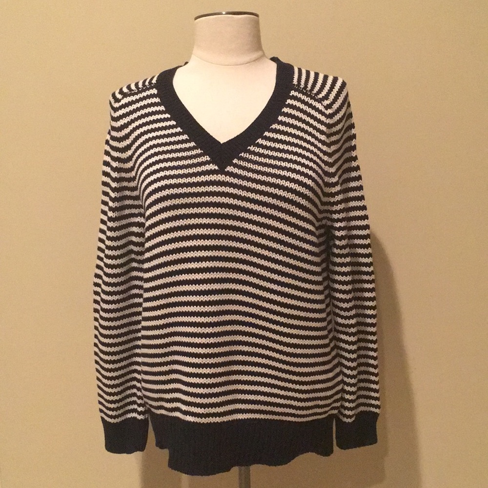 J. Crew Women’s V Neck Sweater Large Blue & White